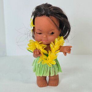 Vintage Anekona Hawaii Hula Girl Doll Hong Kong Yellow Lei Grass Skirt 5" Aloha